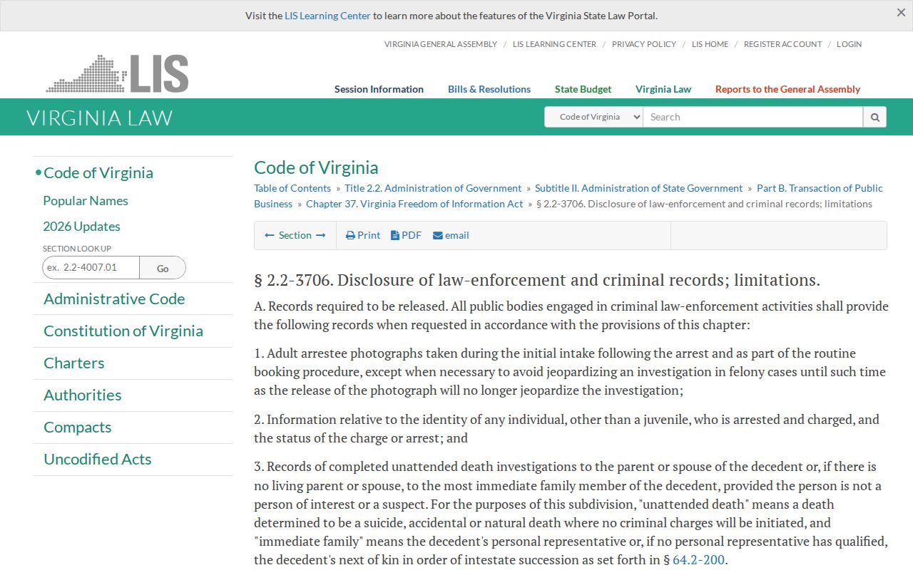 Richmond County Virginia adult initial-intake booking-photo statute