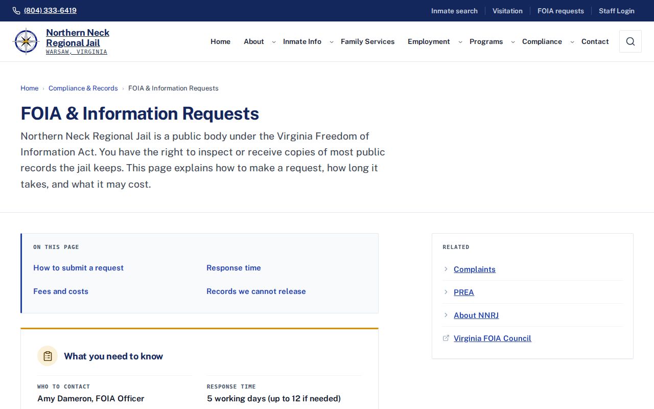 Richmond County Northern Neck Regional Jail booking-record request page