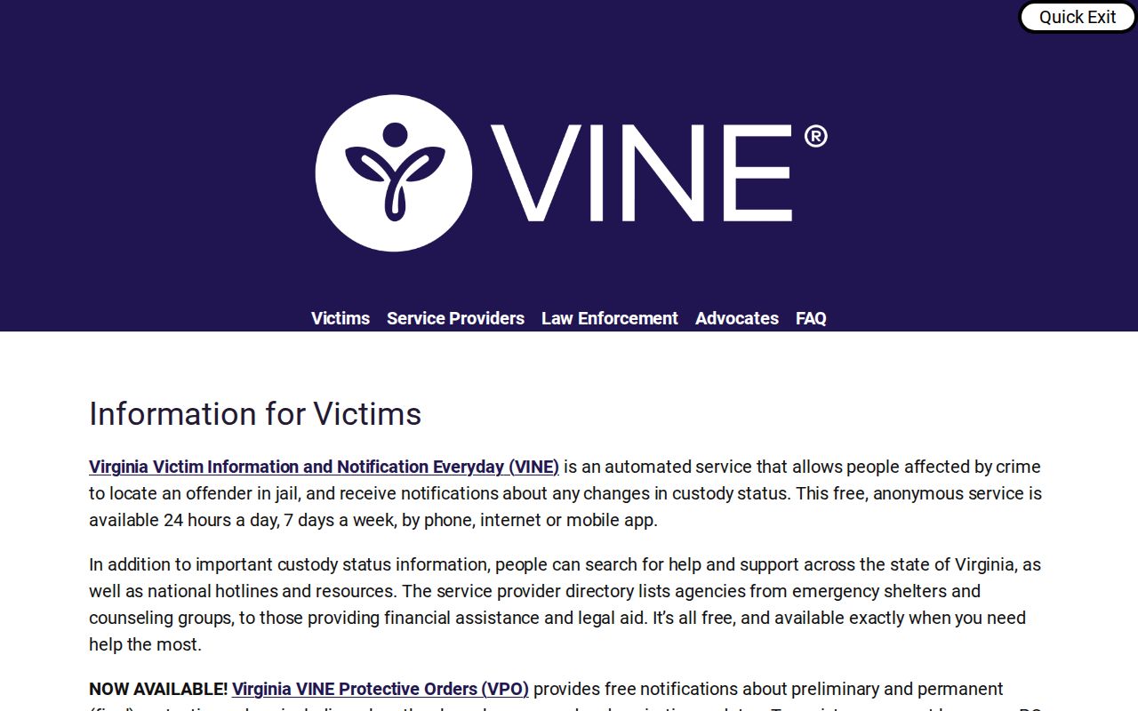 Richmond County Virginia VINE custody notification service