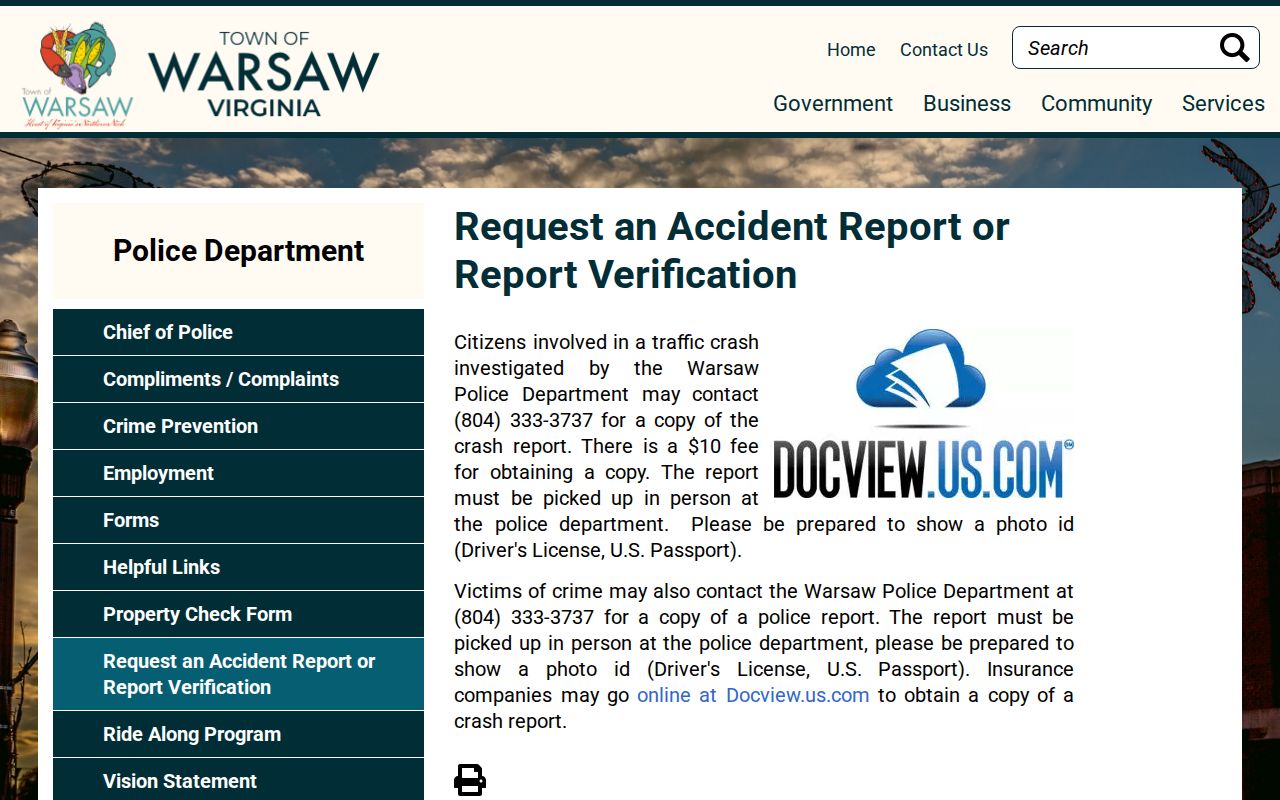 Richmond County Warsaw police arrest-record request and fee context